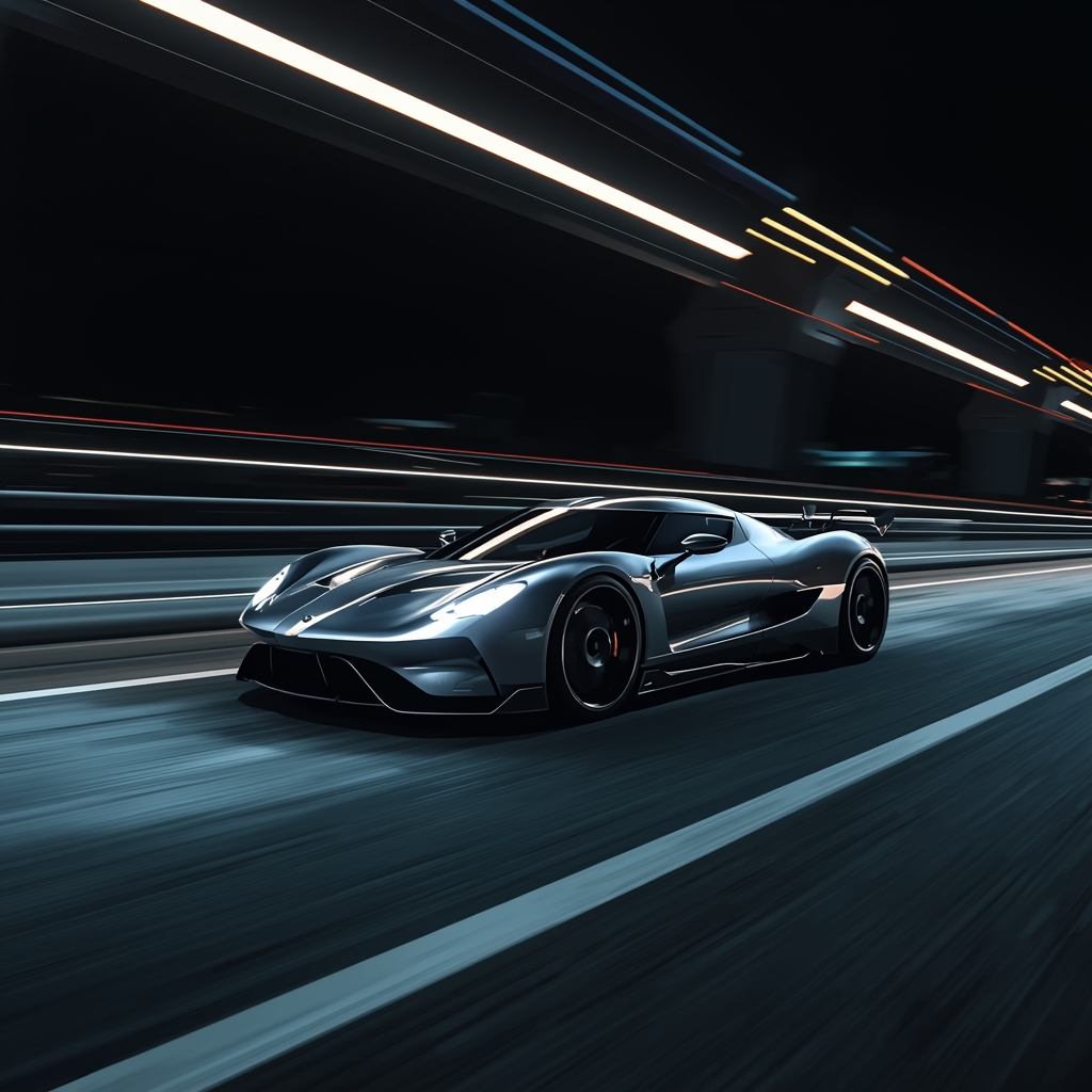 Cinematic shot of a silver futuristic sports car speeding down a neon-lit highway at night, motion blur, hyper-realistic, 8k resolution, no people